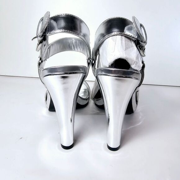NWT Karl Lagerfeld Cieone Metallic Silver Lame Strappy Heel Sandal Size 7.5 9 - Picture 8 of 12